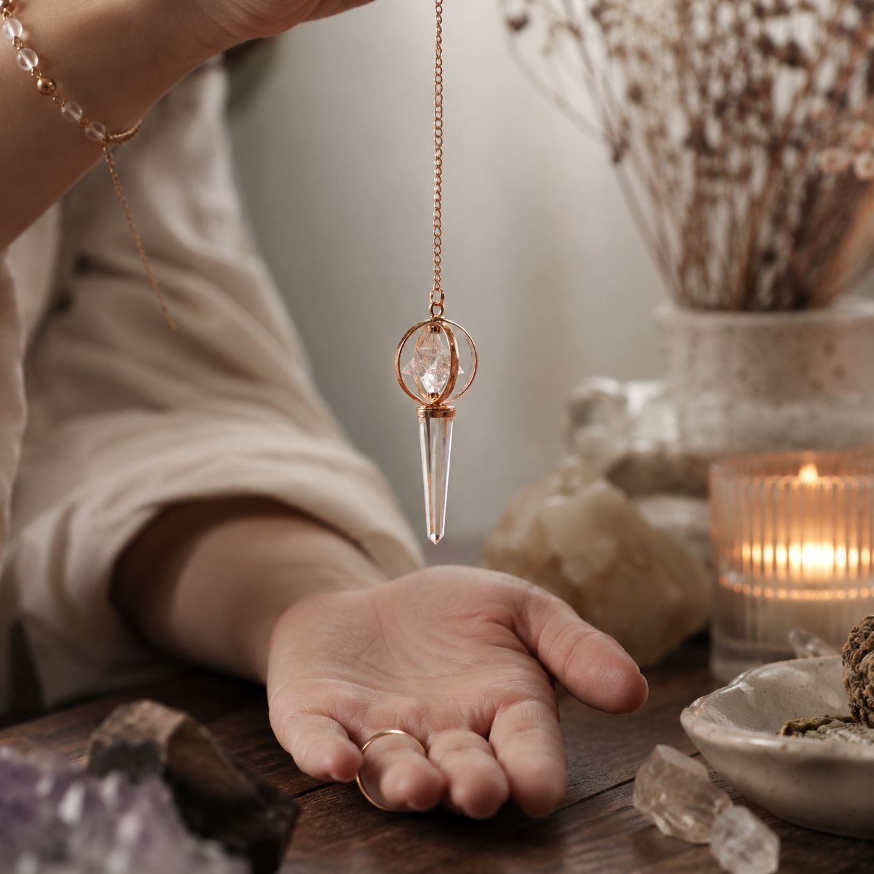 Stellar Gateway Clear Quartz Spinning Merkaba Copper Pendulum