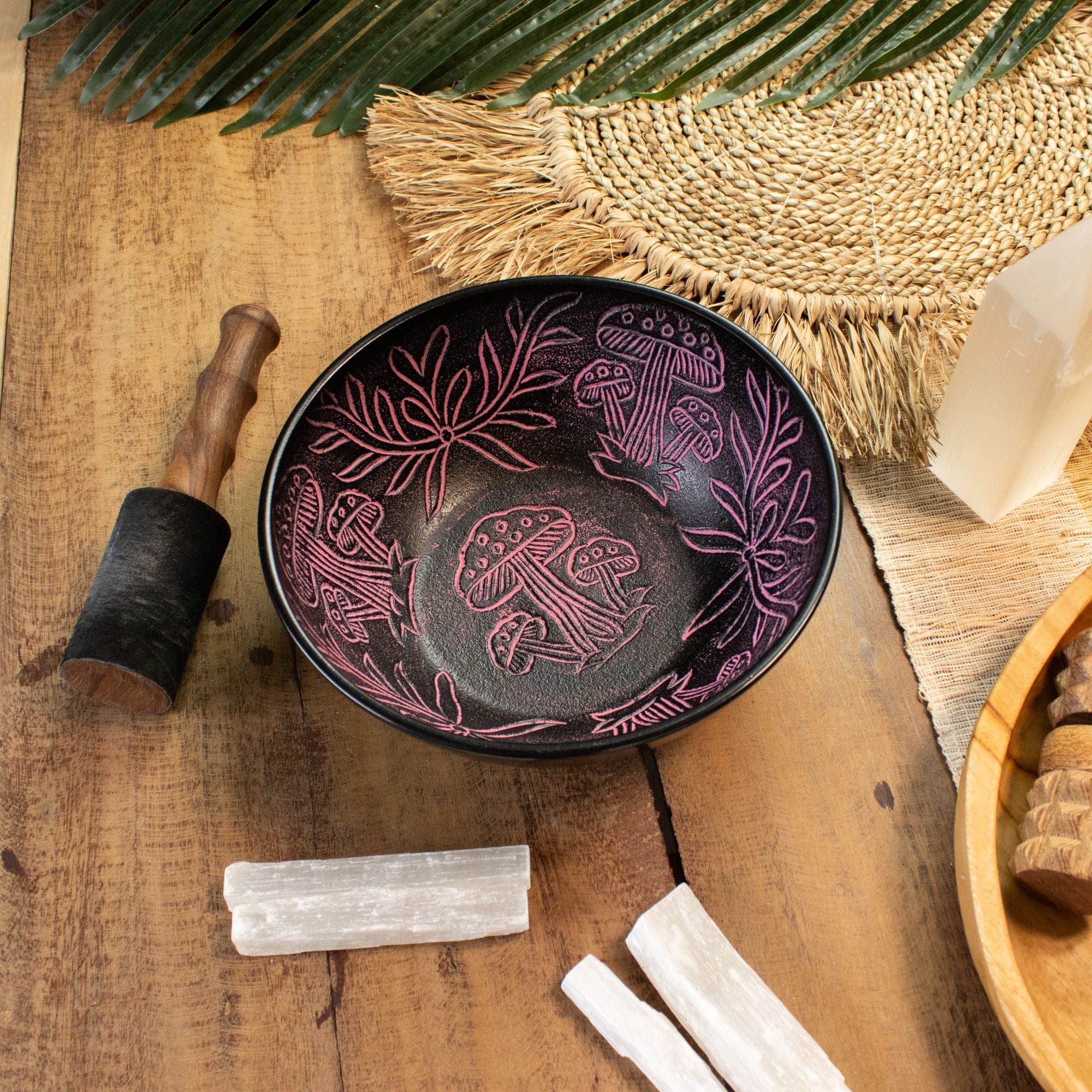 Tibetan Singing Bowl, Magic Mushroom Design, Pink 20cm