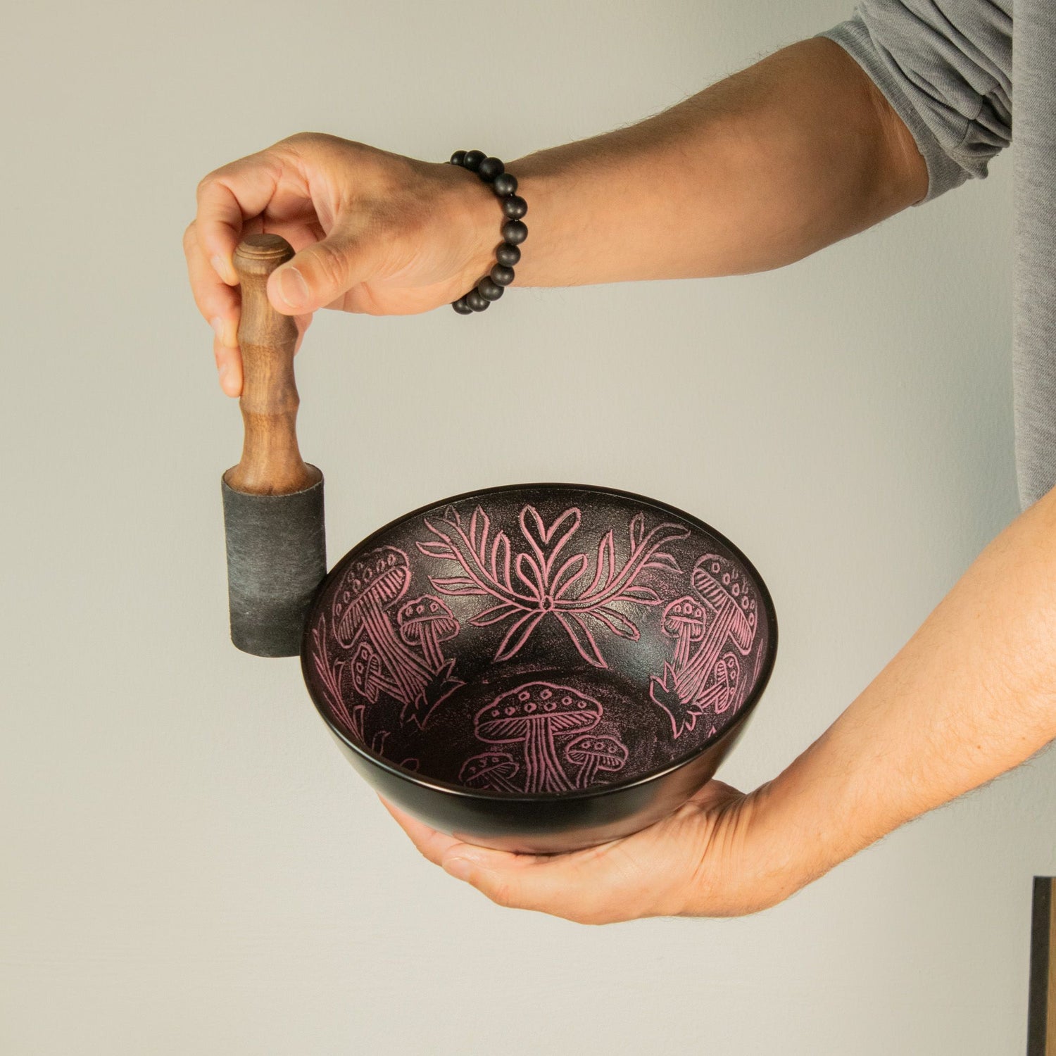 Tibetan Singing Bowl, Magic Mushroom Design, Pink 20cm