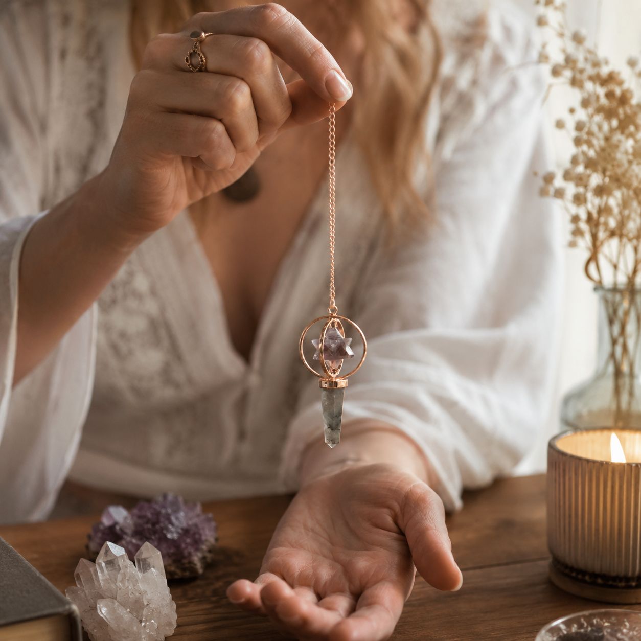 Cosmic Navigator Amethyst &amp; Labradorite Merkaba Copper Pendulum