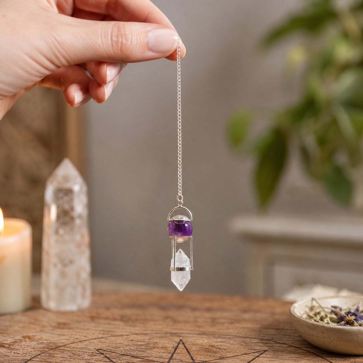 Seeker of Truth Amethyst &amp; Clear Quartz Double Power Pendulum