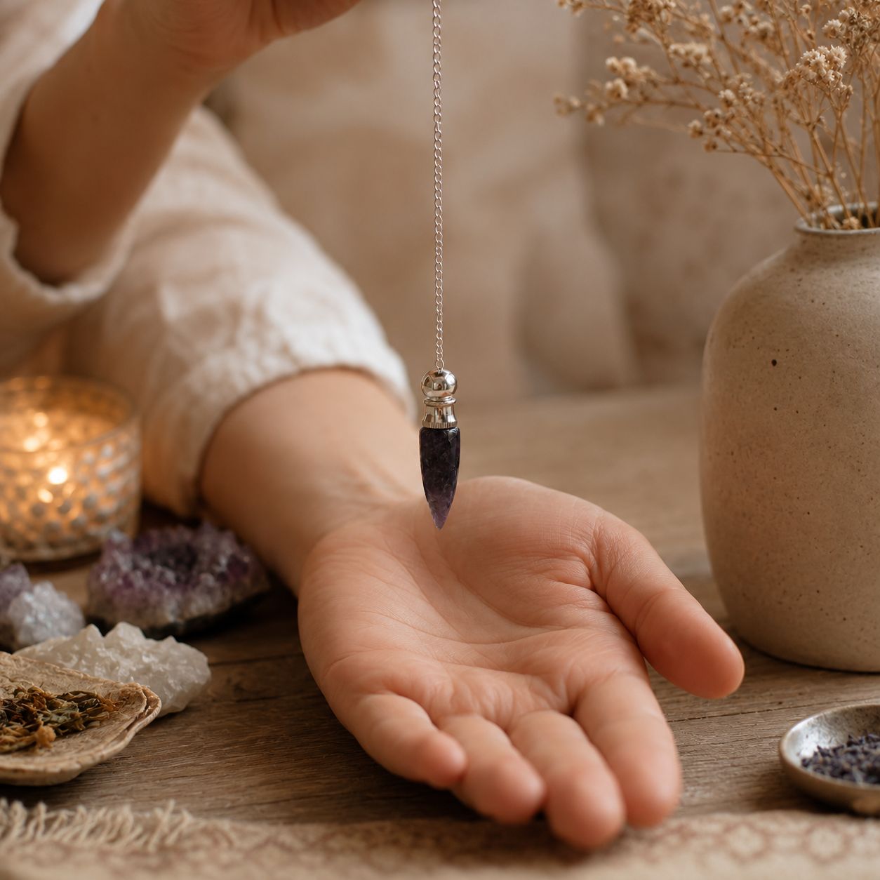 Secret Cavity Amethyst Pendulum, Silver Plated