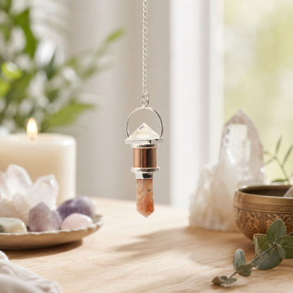 Moon Chamber Clear Quartz &amp; Sunstone Copper Pendulum