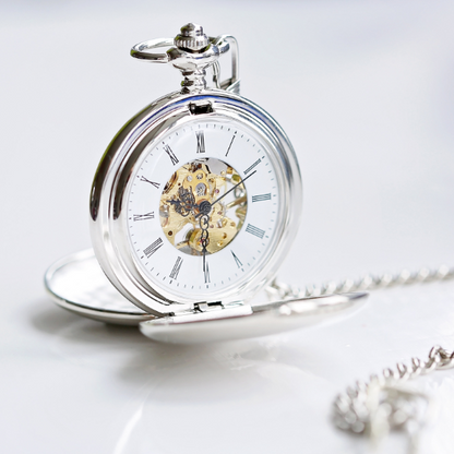 Personalised Dual-Opening Skeleton Pocket Watch – Modern Engraving | Engraved Keepsake Gift