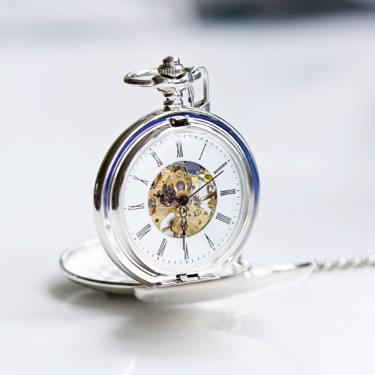 Personalised Dual-Opening Skeleton Pocket Watch – Modern Engraving | Engraved Keepsake Gift