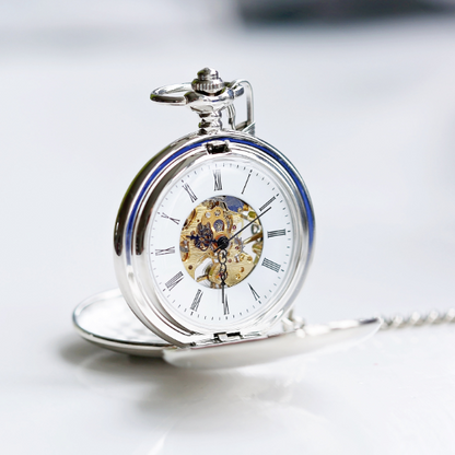 Personalised Dual-Opening Skeleton Pocket Watch – Modern Engraving | Engraved Keepsake Gift