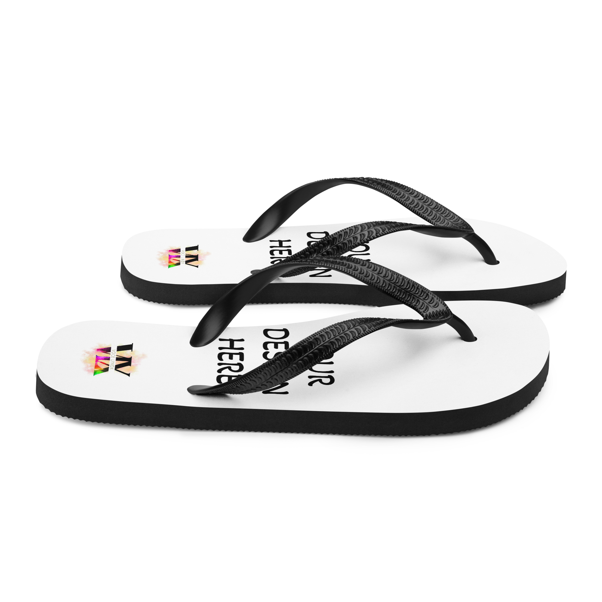 Custom White Flip-Flops with Black Straps – Personalised Design | Voce Lindx