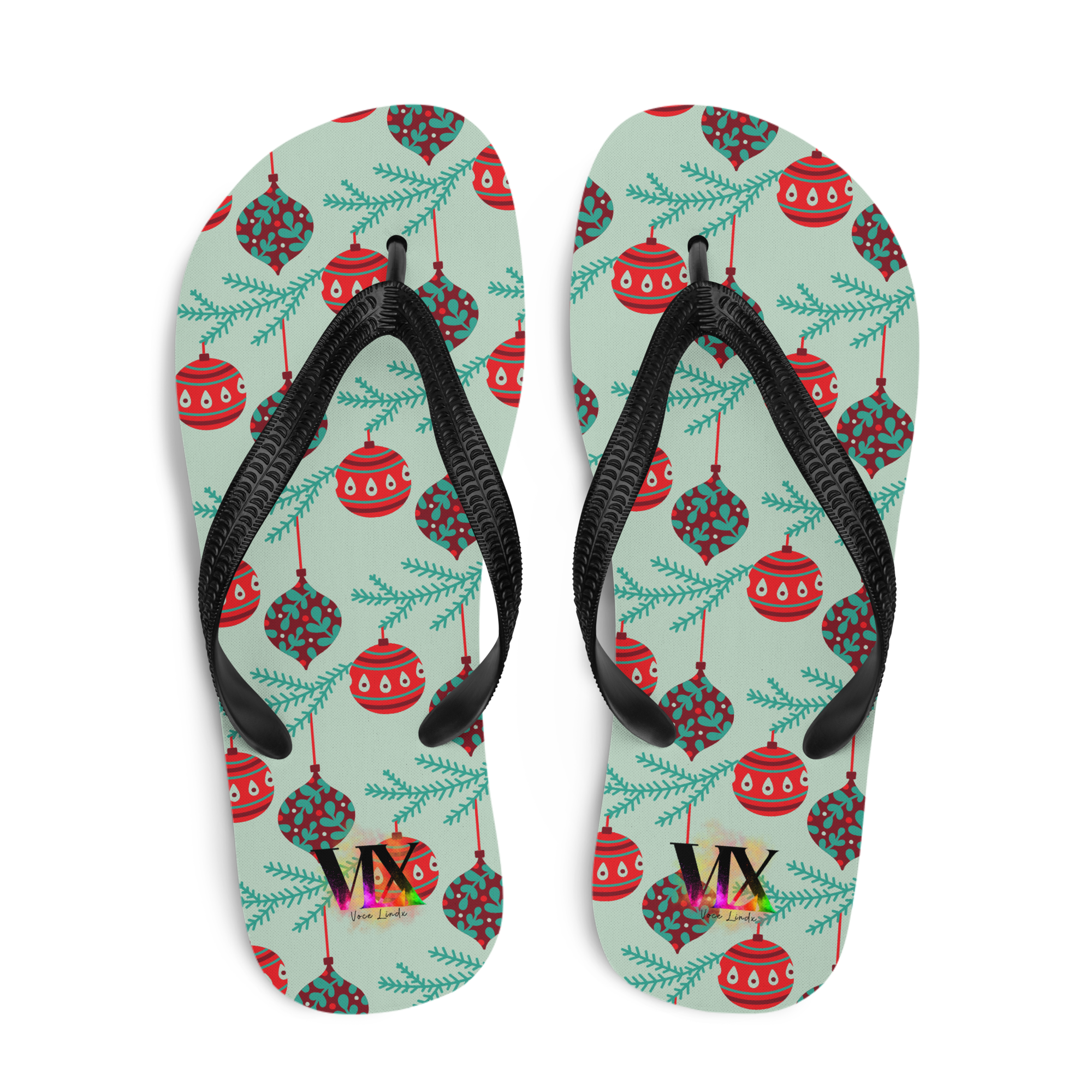 VOCE LINDX Christmas Baubles Flip‑Flops – Festive Ornament Print, Cushioned Sole &amp; Non‑Slip Grip – Fun Seasonal Footwear