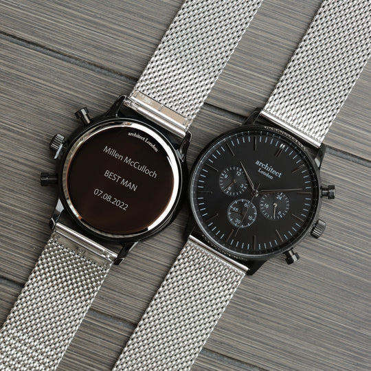 Personalised Architect Motivator Watch - Black Dial, Silver Mesh, Modern Engraving
