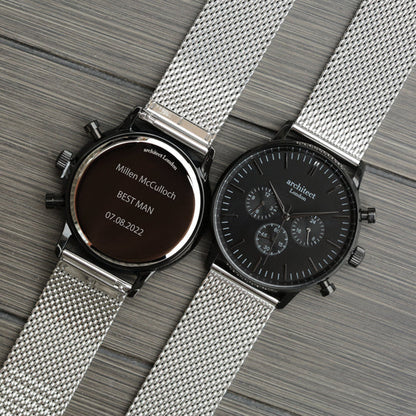 Personalised Architect Motivator Watch – Black Dial, Silver Mesh, Modern Engraving