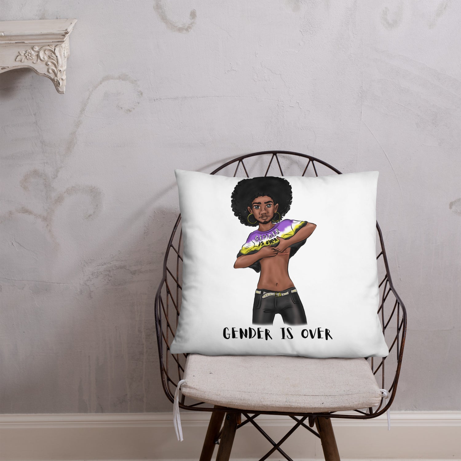 Basic Cushion – “Gender Is Over” Typography Print | Bold Square Throw Pillow | Voce Lindx