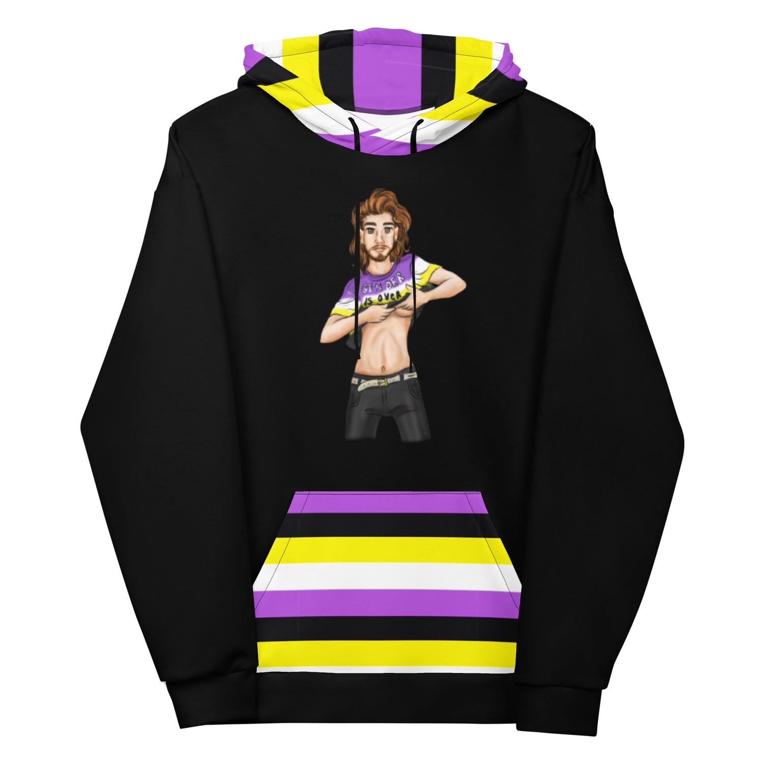 “Gender Is Over” Non-Binary Pride Hoodie – Purple, Yellow, White &amp; Black | Inclusive Statement Style