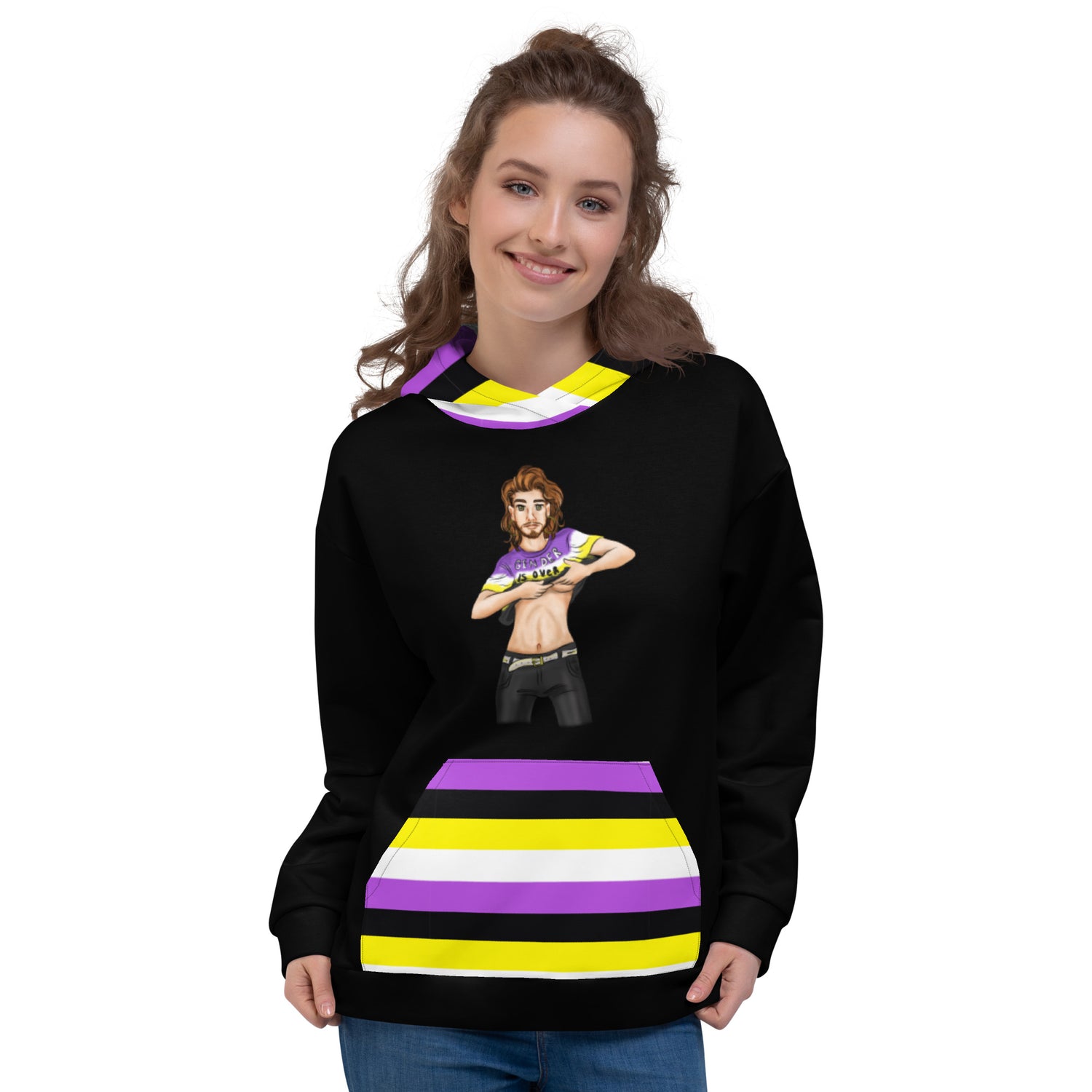 “Gender Is Over” Non-Binary Pride Hoodie – Purple, Yellow, White &amp; Black | Inclusive Statement Style