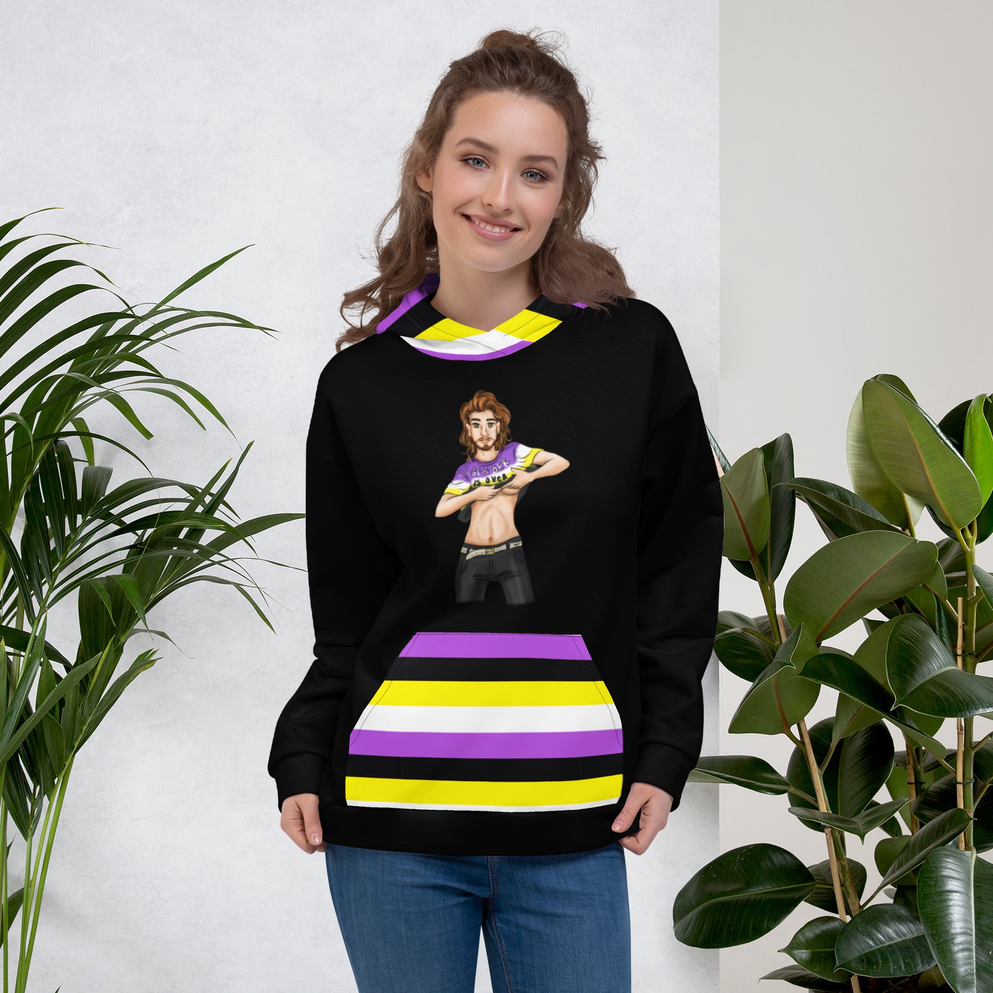 “Gender Is Over” Non-Binary Pride Hoodie – Purple, Yellow, White &amp; Black | Inclusive Statement Style