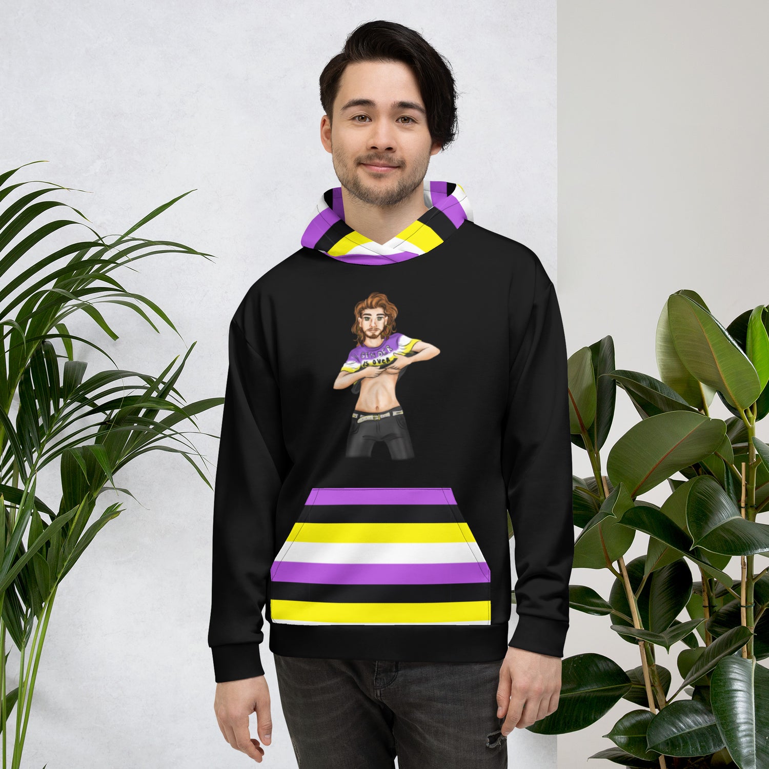 “Gender Is Over” Non-Binary Pride Hoodie – Purple, Yellow, White &amp; Black | Inclusive Statement Style